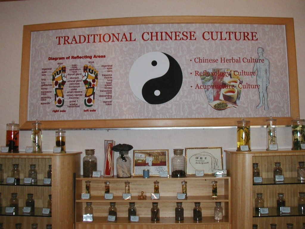 Panneau d'exposition Traditional Chinese Culture : réflexologie plantaire, Yin-Yang, acupuncture et herboristerie